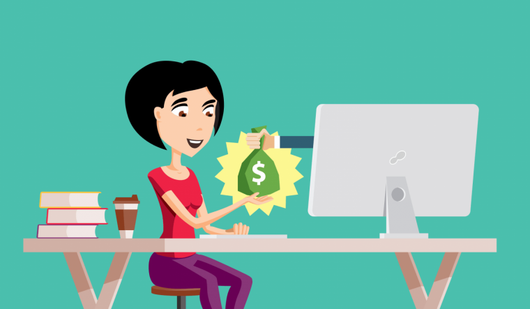 An illustration of a woman receiving a bag of money online