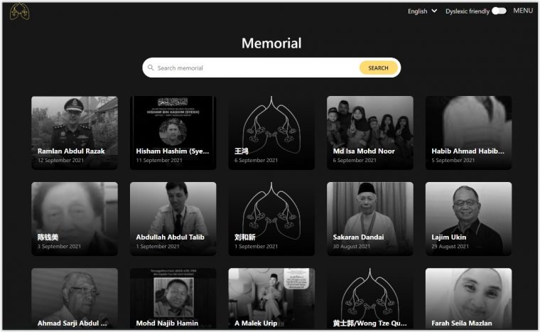 screenshot of the covid-19 memorial website