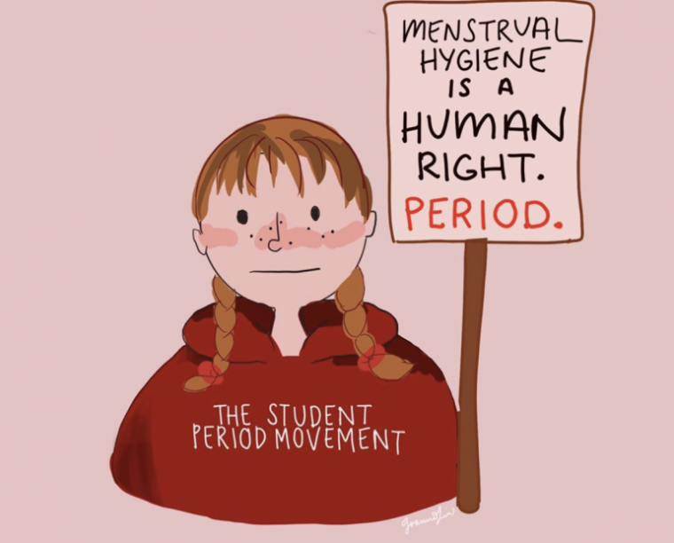 girl holding a sign that says "menstrual hygiene is a human right. period."