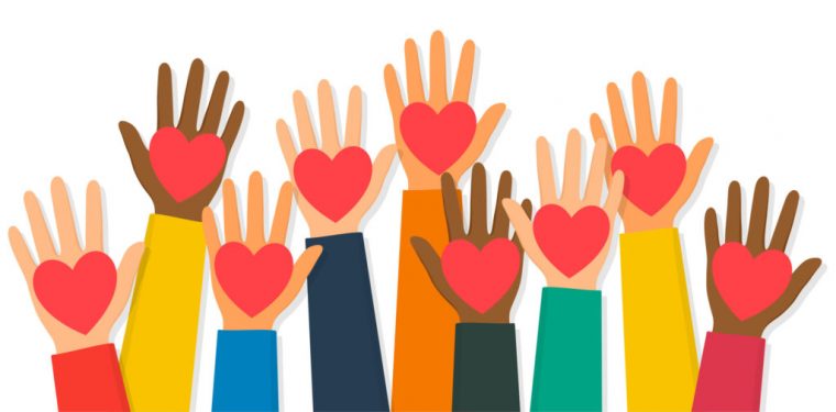 Charity, volunteering and donating concept. Raised up human hands with red hearts. Children's hands are holding heart symbols. Vector