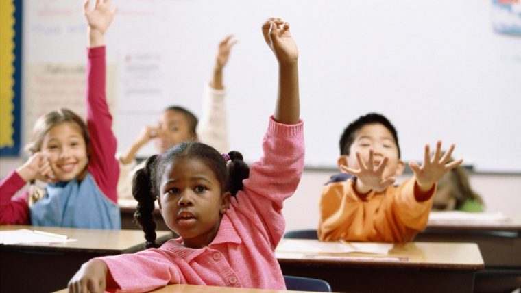 students raising hands in class